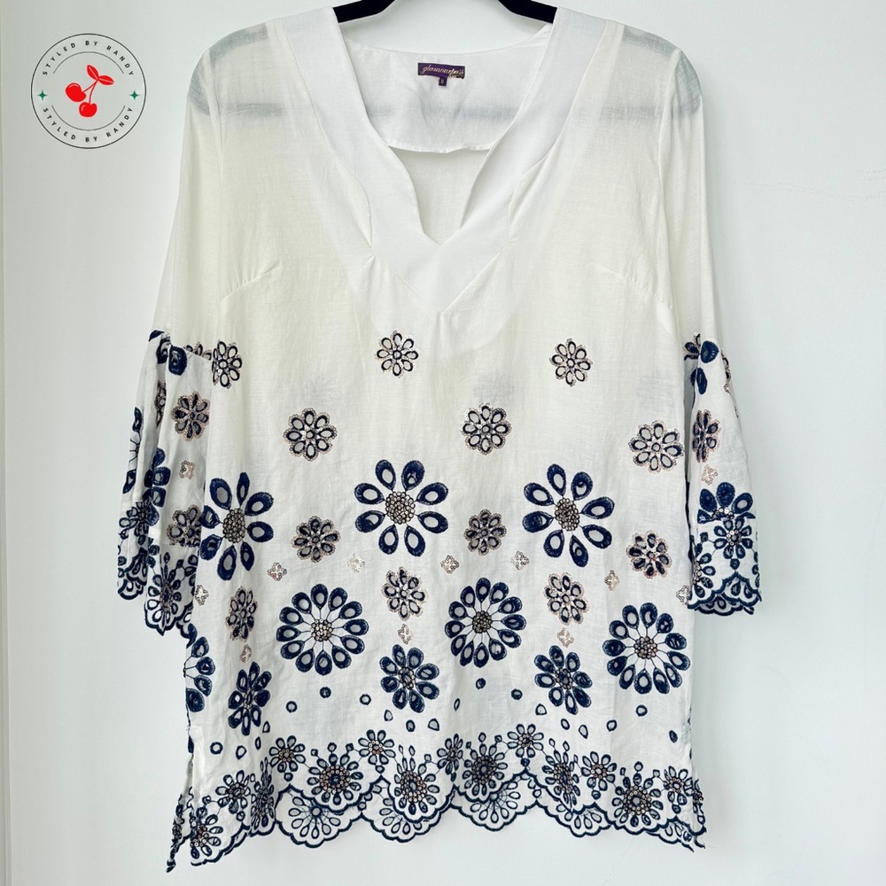 Glamourpuss Glitter Sequin Tunic Shirt in White and Blue